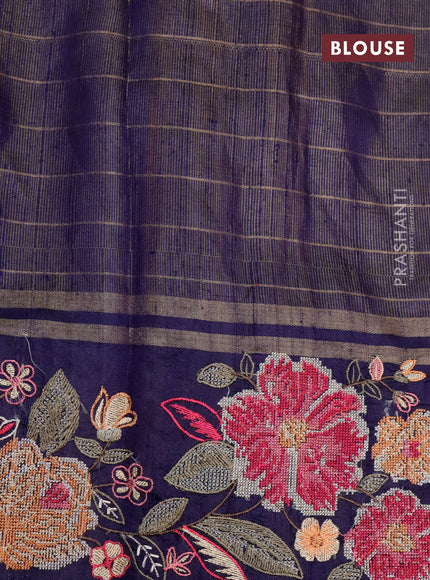 Pure dupion silk saree red and dark blue with allover zari checked pattern and floral deisgn embroidery work border