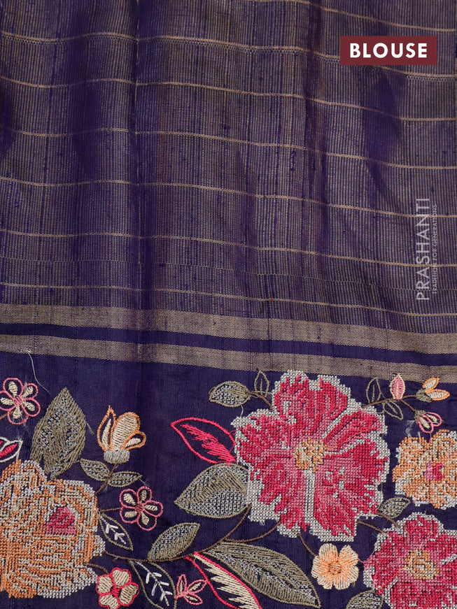 Pure dupion silk saree red and dark blue with allover zari checked pattern and floral deisgn embroidery work border