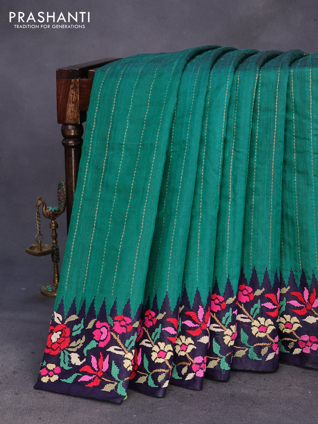 Pure dupion silk saree peacock green and dark blue with allover zari weaves and temple woven floral design embroidery work border