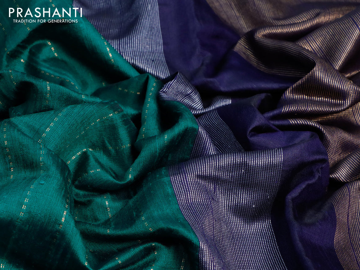 Pure dupion silk saree peacock green and dark blue with allover zari weaves and temple woven floral design embroidery work border