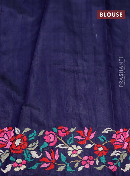 Pure dupion silk saree peacock green and dark blue with allover zari weaves and temple woven floral design embroidery work border