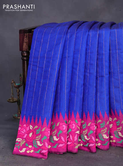 Pure dupion silk saree blue and pink with allover zari weaves and temple woven floral design embroidery work border