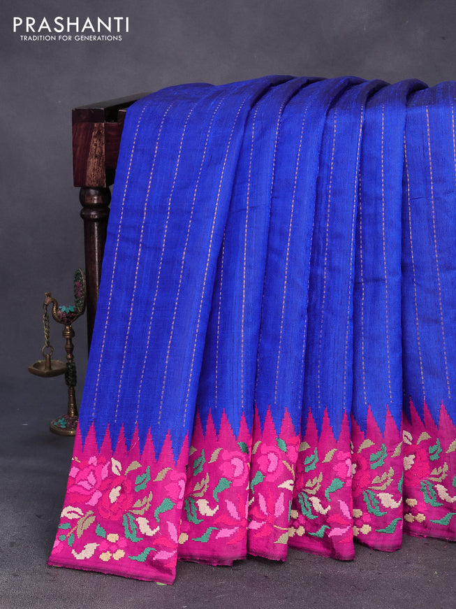 Pure dupion silk saree blue and pink with allover zari weaves and temple woven floral design embroidery work border