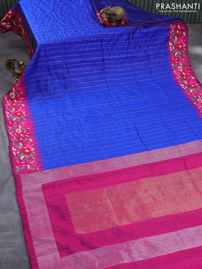 Pure dupion silk saree blue and pink with allover zari weaves and temple woven floral design embroidery work border