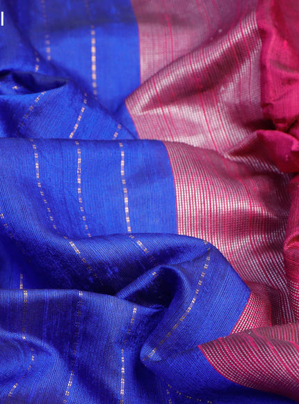 Pure dupion silk saree blue and pink with allover zari weaves and temple woven floral design embroidery work border