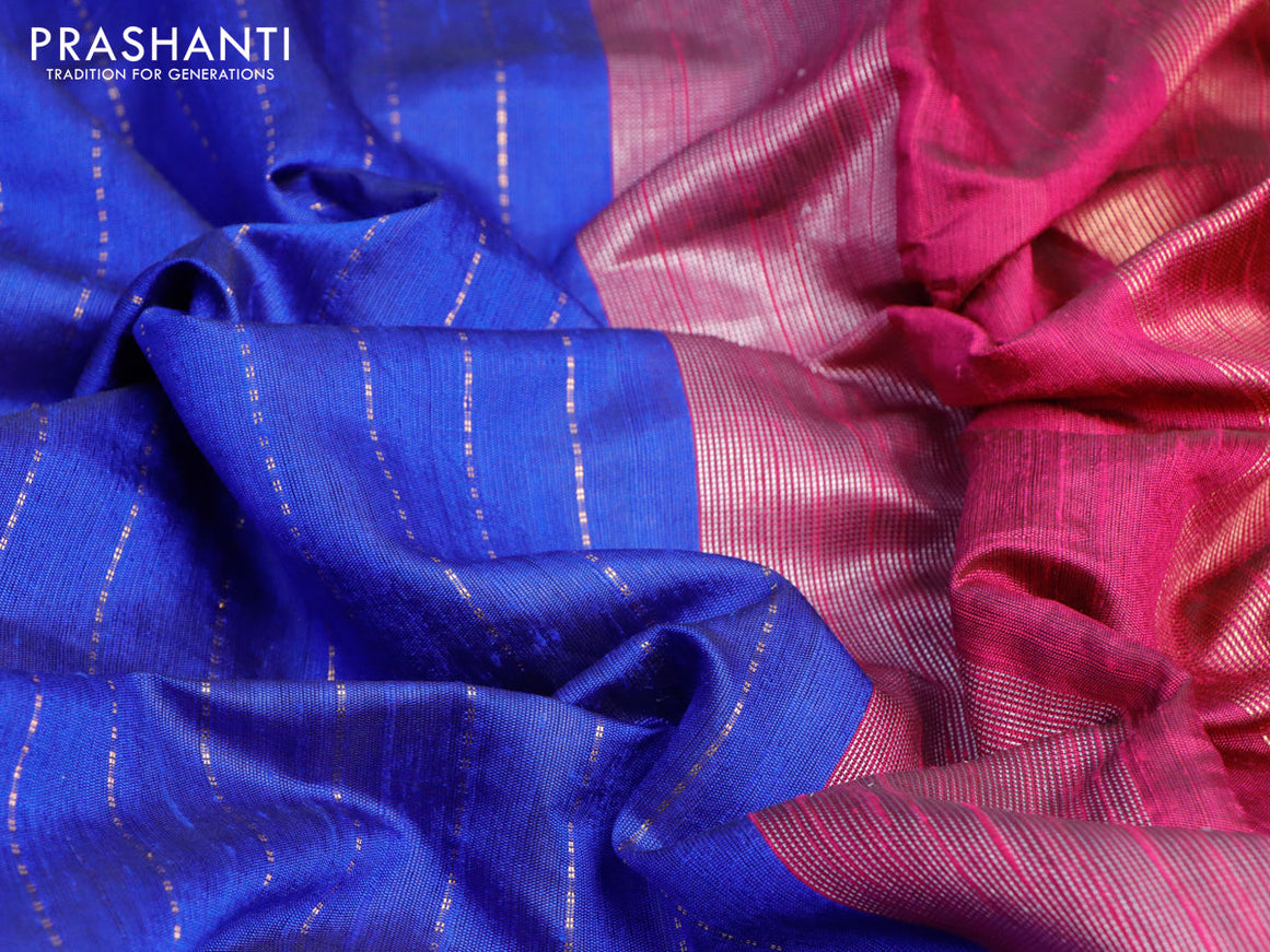 Pure dupion silk saree blue and pink with allover zari weaves and temple woven floral design embroidery work border