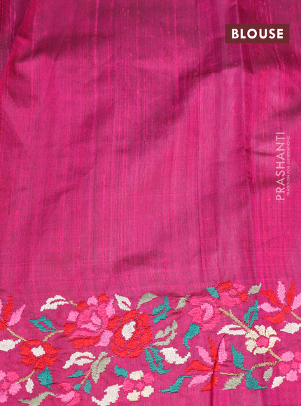 Pure dupion silk saree blue and pink with allover zari weaves and temple woven floral design embroidery work border