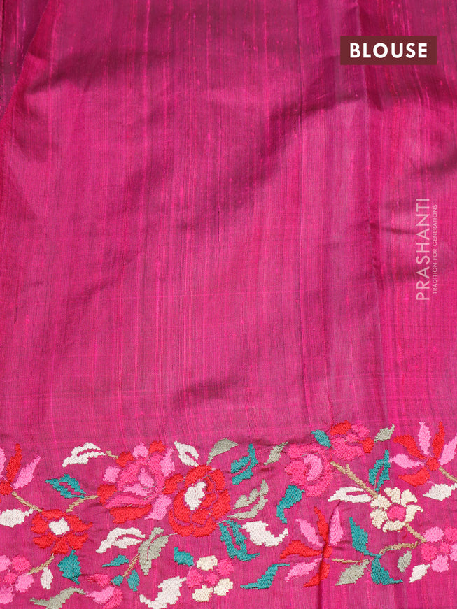 Pure dupion silk saree blue and pink with allover zari weaves and temple woven floral design embroidery work border