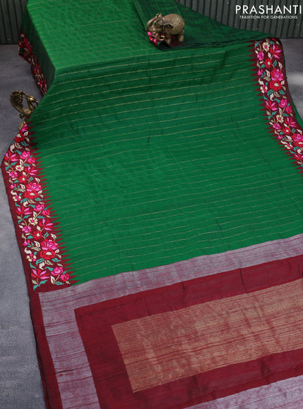 Pure dupion silk saree green and deep maroon with allover zari weaves and temple woven floral design embroidery work border