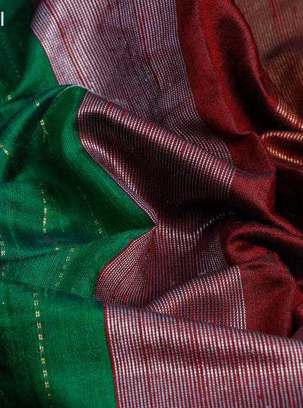 Pure dupion silk saree green and deep maroon with allover zari weaves and temple woven floral design embroidery work border