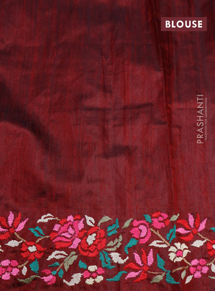 Pure dupion silk saree green and deep maroon with allover zari weaves and temple woven floral design embroidery work border