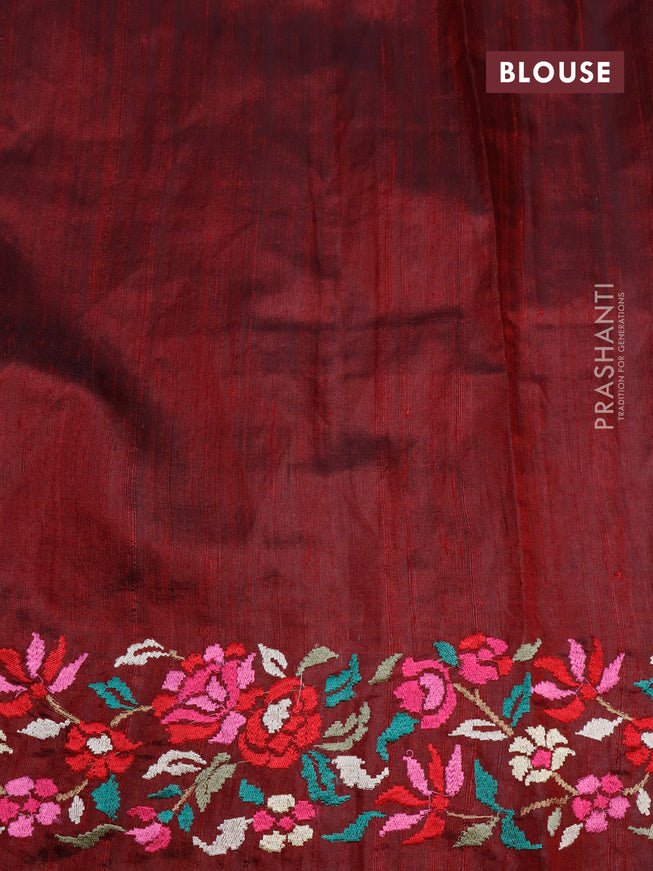 Pure dupion silk saree green and deep maroon with allover zari weaves and temple woven floral design embroidery work border