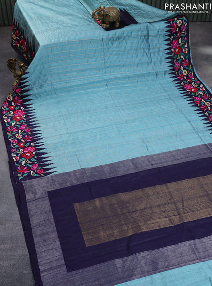 Pure dupion silk saree pastel blue shade and dark blue with allover zari weaves and temple woven floral design embroidery work border