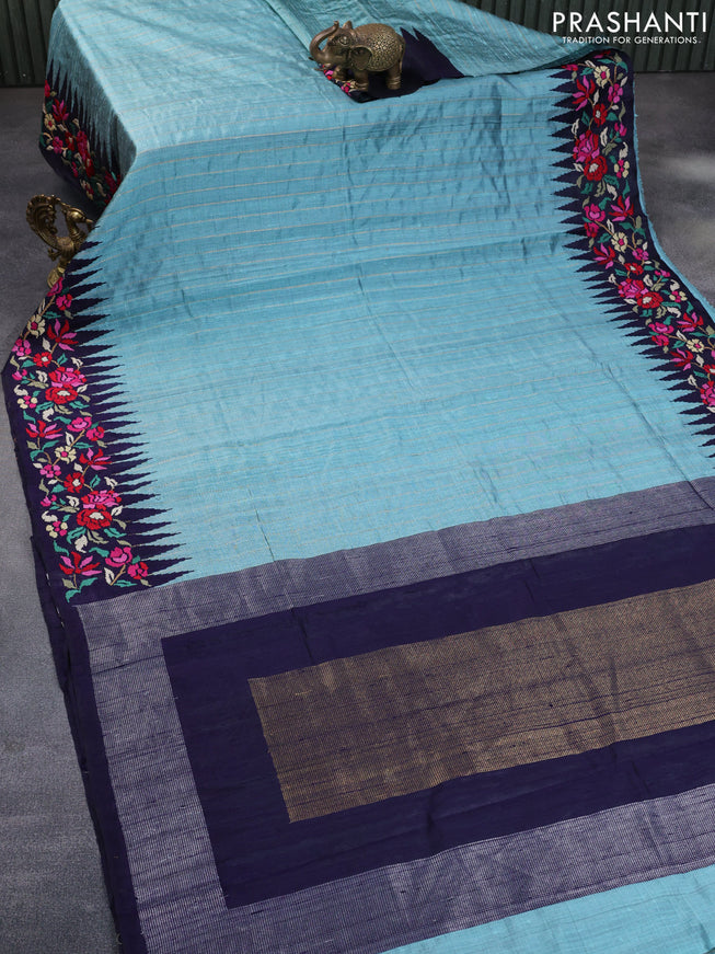 Pure dupion silk saree pastel blue shade and dark blue with allover zari weaves and temple woven floral design embroidery work border