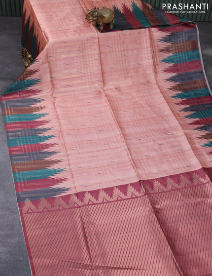 Semi tussar saree pastel peach and deep maroon with allover geometric zari weaves & ikat butta prints and temple design border