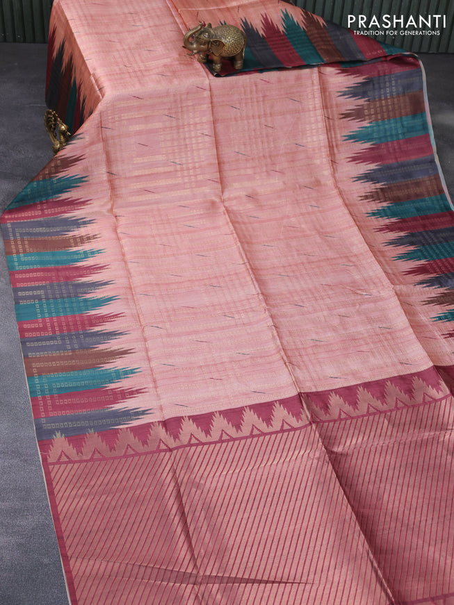 Semi tussar saree pastel peach and deep maroon with allover geometric zari weaves & ikat butta prints and temple design border