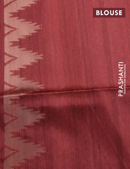 Semi tussar saree pastel peach and deep maroon with allover geometric zari weaves & ikat butta prints and temple design border