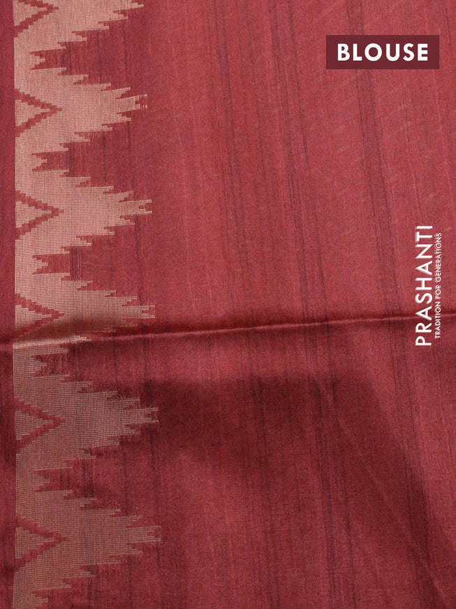 Semi tussar saree pastel peach and deep maroon with allover geometric zari weaves & ikat butta prints and temple design border