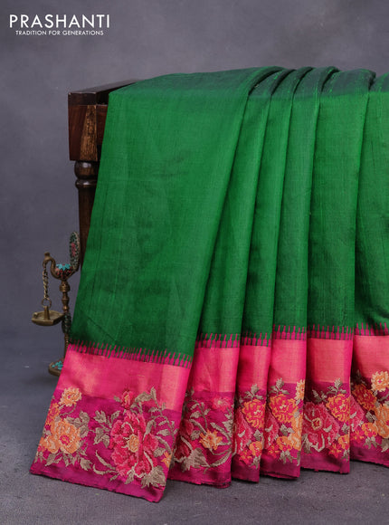 Pure dupion silk saree green and pink with plain body and temple design zari woven embroidery work border