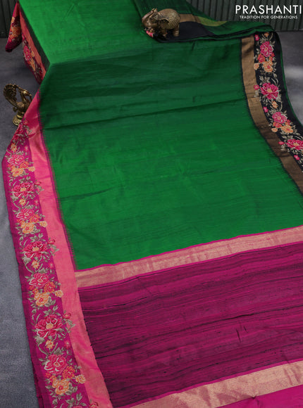 Pure dupion silk saree green and pink with plain body and temple design zari woven embroidery work border