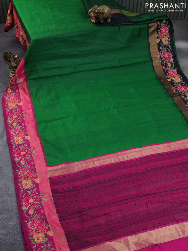 Pure dupion silk saree green and pink with plain body and temple design zari woven embroidery work border