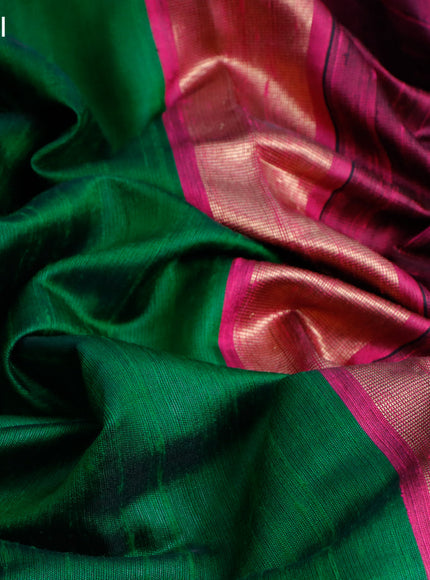 Pure dupion silk saree green and pink with plain body and temple design zari woven embroidery work border