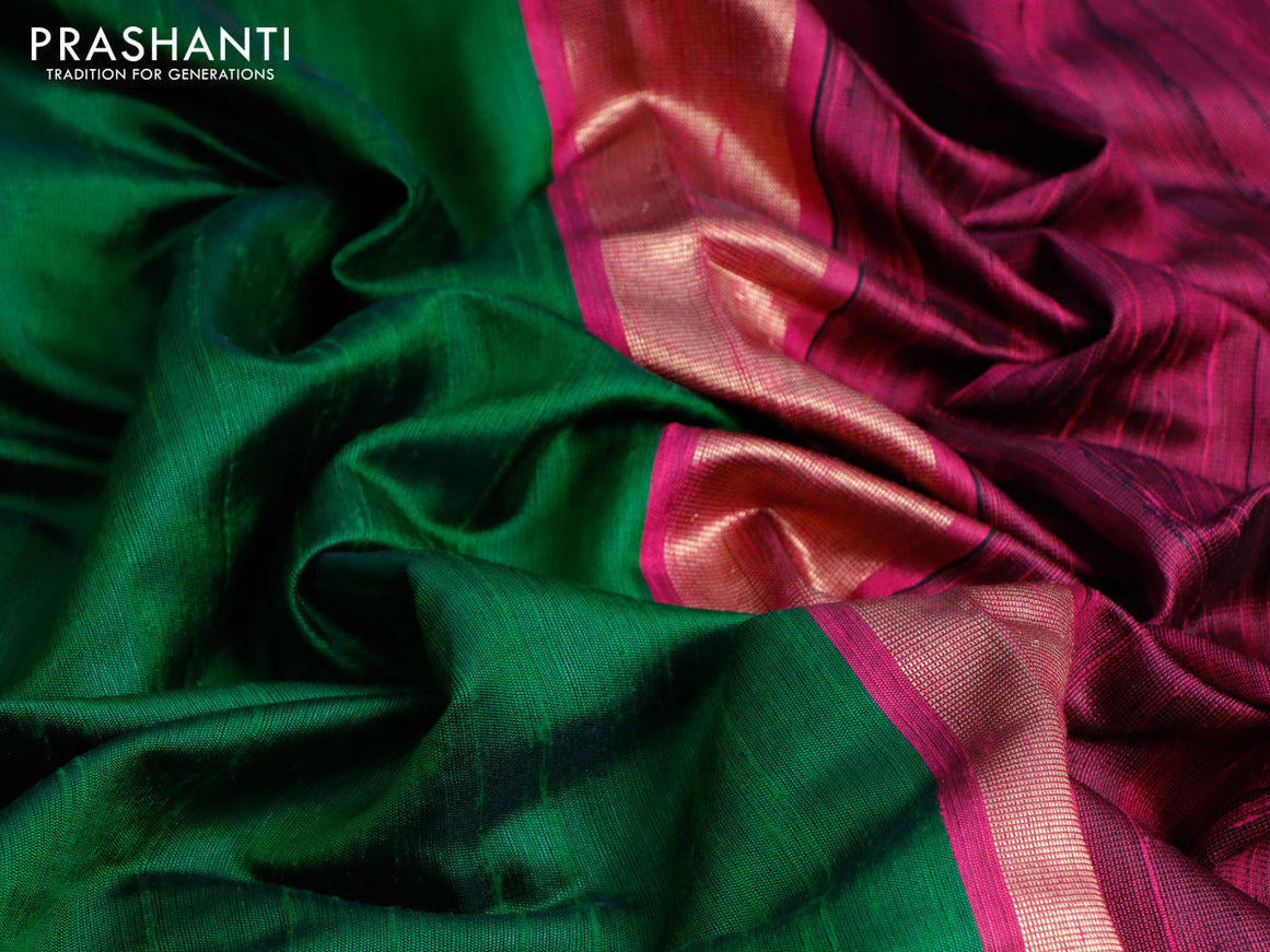 Pure dupion silk saree green and pink with plain body and temple design zari woven embroidery work border