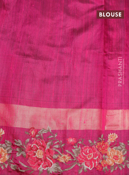 Pure dupion silk saree green and pink with plain body and temple design zari woven embroidery work border