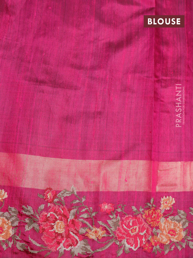 Pure dupion silk saree green and pink with plain body and temple design zari woven embroidery work border