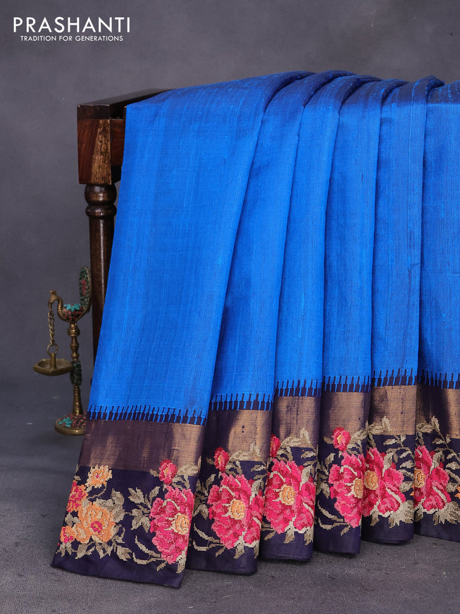 Pure dupion silk saree cs blue and dark blue with plain body and temple design ganga jamuna border