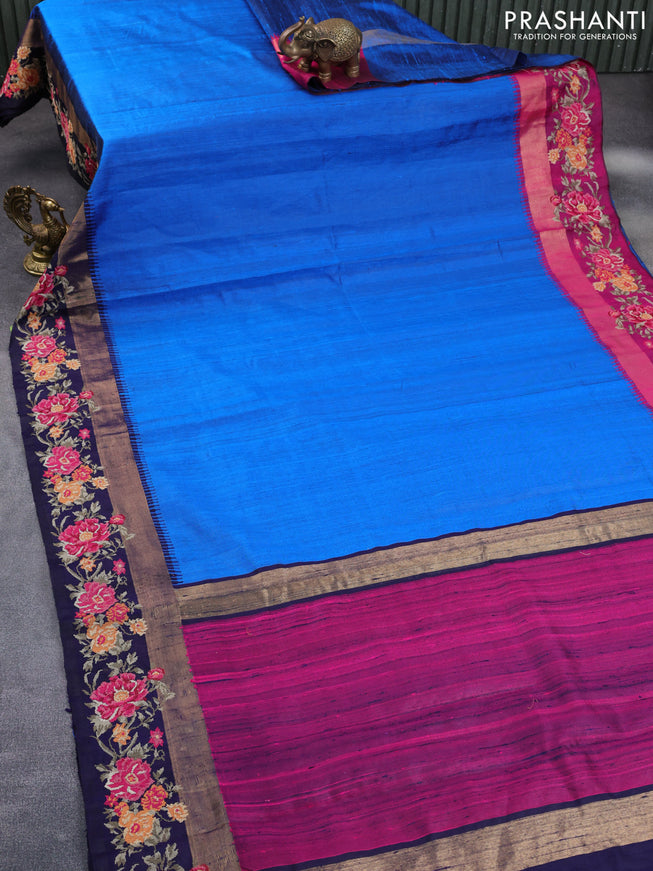 Pure dupion silk saree cs blue and dark blue with plain body and temple design ganga jamuna border