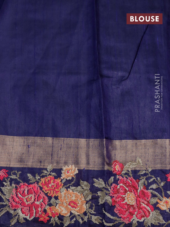 Pure dupion silk saree cs blue and dark blue with plain body and temple design ganga jamuna border