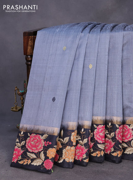 Pure dupion silk saree grey and dark navy blue with plain body and zari woven floral design embroidery work border