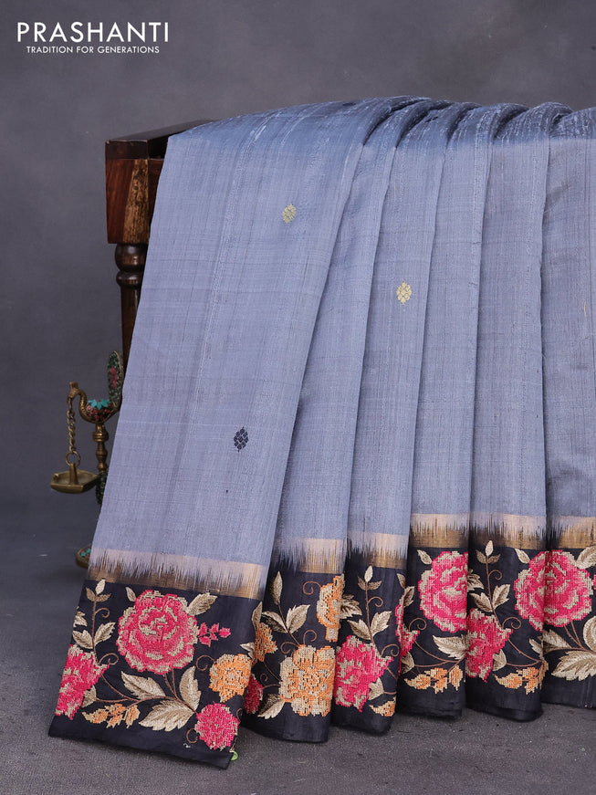 Pure dupion silk saree grey and dark navy blue with plain body and zari woven floral design embroidery work border