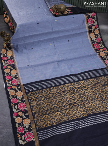 Pure dupion silk saree grey and dark navy blue with plain body and zari woven floral design embroidery work border