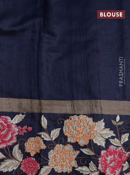 Pure dupion silk saree grey and dark navy blue with plain body and zari woven floral design embroidery work border