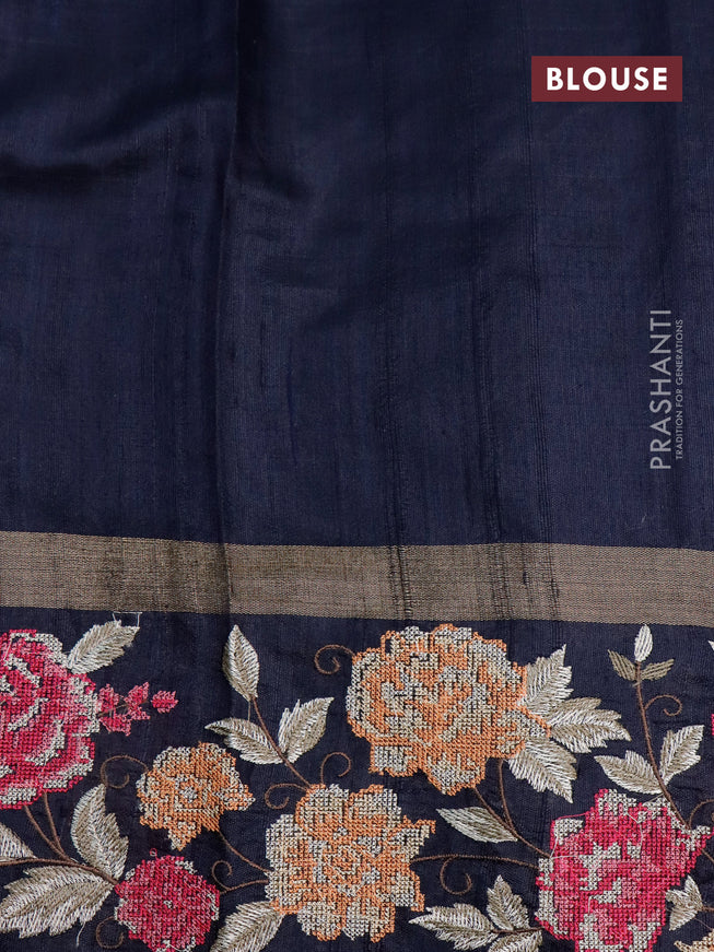 Pure dupion silk saree grey and dark navy blue with plain body and zari woven floral design embroidery work border