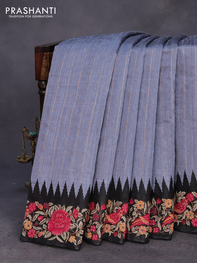 Pure dupion silk saree grey and black with allover zari weaves and temple woven floral design embroidery work border