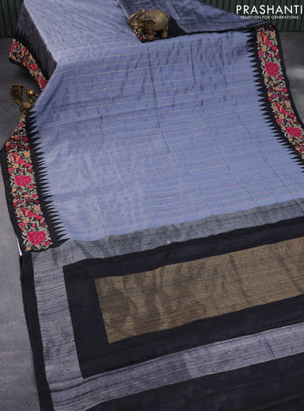 Pure dupion silk saree grey and black with allover zari weaves and temple woven floral design embroidery work border