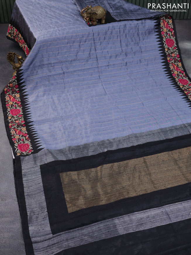 Pure dupion silk saree grey and black with allover zari weaves and temple woven floral design embroidery work border