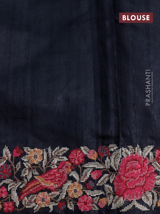 Pure dupion silk saree grey and black with allover zari weaves and temple woven floral design embroidery work border