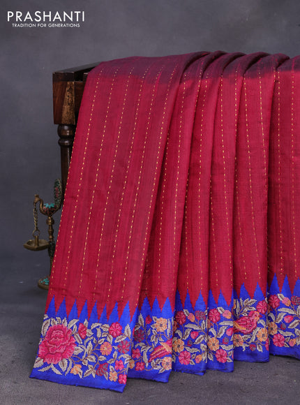 Pure dupion silk saree dark pink and royal blue with allover zari weaves and temple woven floral design embroidery work border