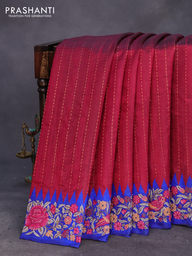 Pure dupion silk saree dark pink and royal blue with allover zari weaves and temple woven floral design embroidery work border