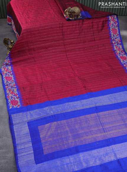 Pure dupion silk saree dark pink and royal blue with allover zari weaves and temple woven floral design embroidery work border