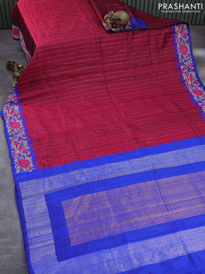 Pure dupion silk saree dark pink and royal blue with allover zari weaves and temple woven floral design embroidery work border