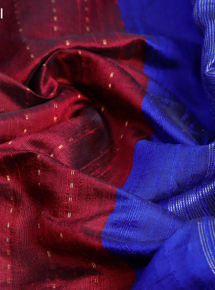 Pure dupion silk saree dark pink and royal blue with allover zari weaves and temple woven floral design embroidery work border