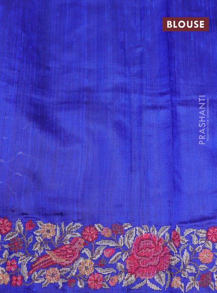 Pure dupion silk saree dark pink and royal blue with allover zari weaves and temple woven floral design embroidery work border