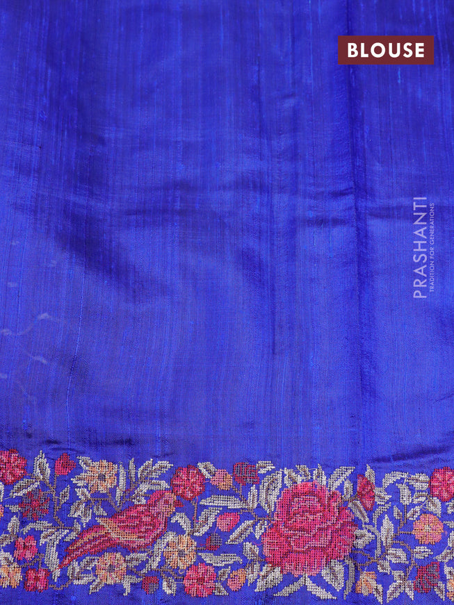 Pure dupion silk saree dark pink and royal blue with allover zari weaves and temple woven floral design embroidery work border