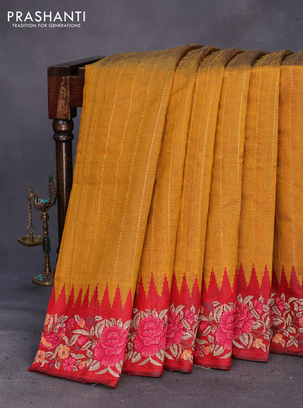 Pure dupion silk saree mustard yellow and maroon with allover zari weaves and temple woven floral design embroidery work border