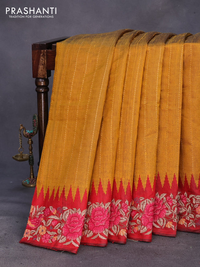 Pure dupion silk saree mustard yellow and maroon with allover zari weaves and temple woven floral design embroidery work border